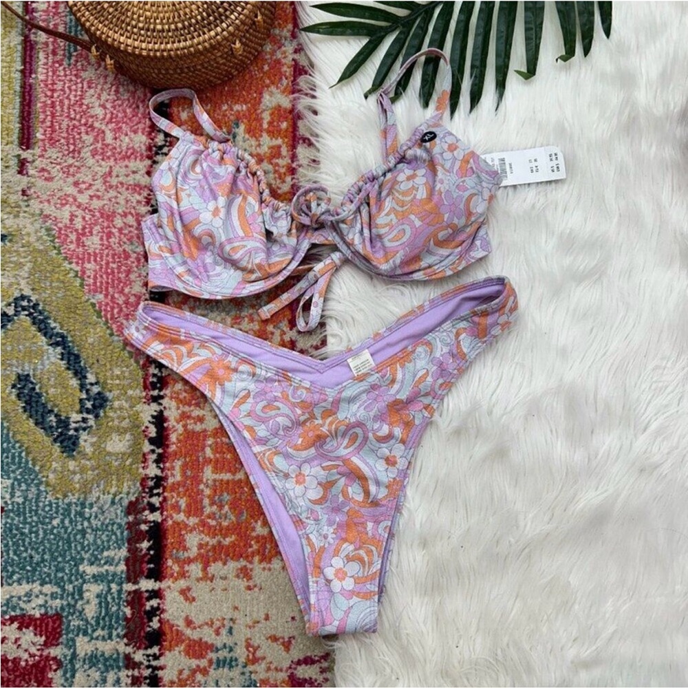 NEW Hollister Purple Orange Floral Print High Leg Two Piece Bikini Swimsuit XL/L